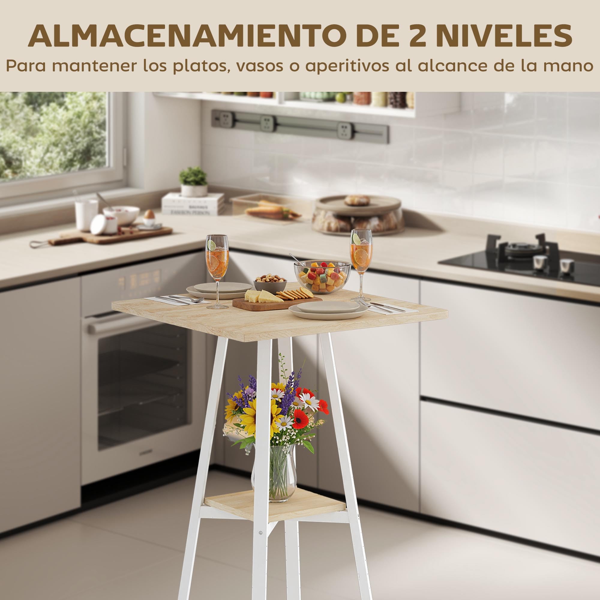 HOMCOM Mesa Alta Cocina Cuadrada con Estante de Almacenamiento, Mesa Alta Bar Moderna para 2 Personas con Marco de Metal para Salón y Comedor, 55x55x95 cm, Madera Natural y Blanco