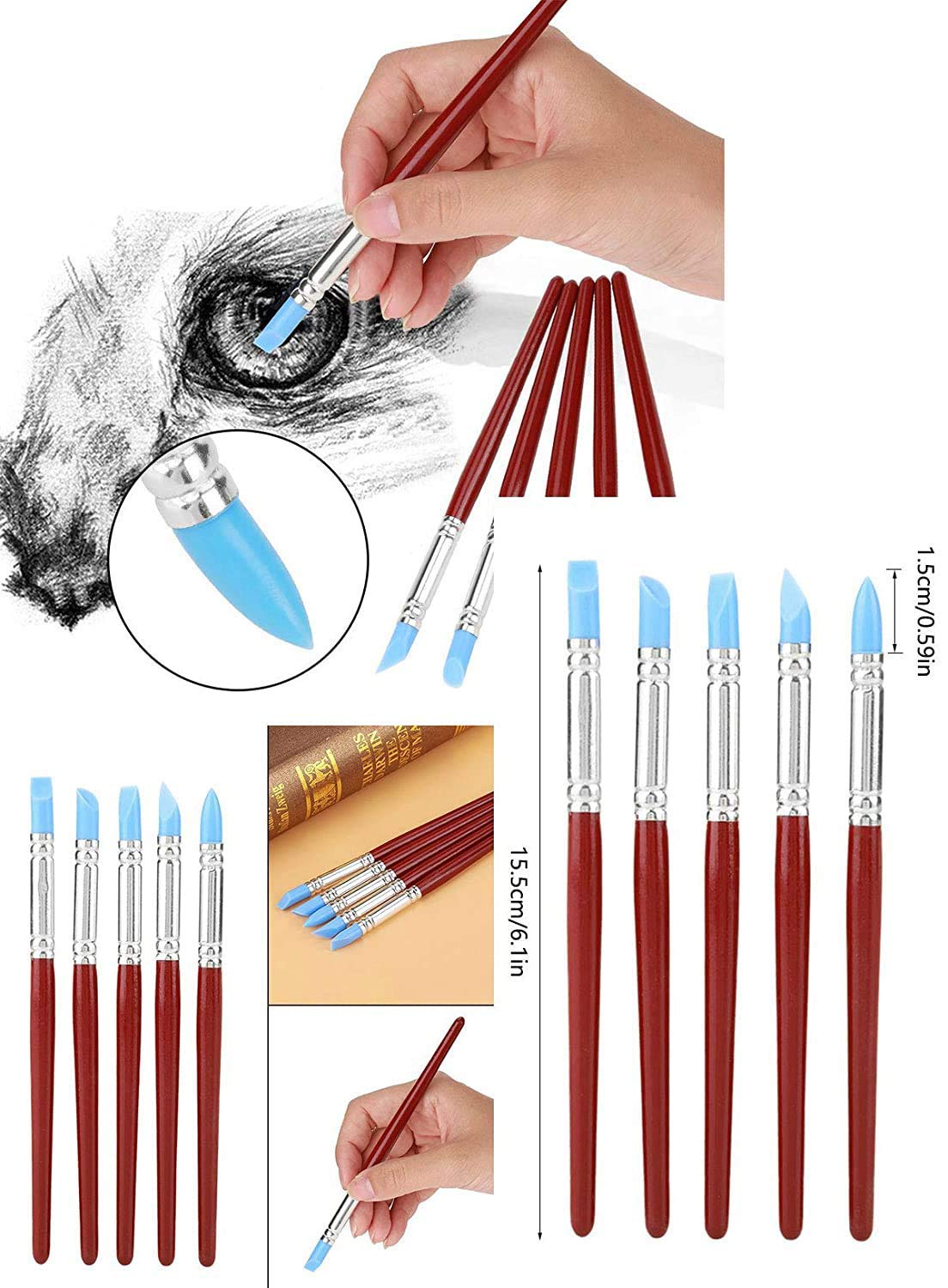 worison Rubber Tip Paint Brushes for Sculpture, Pottery, Color Shaping, Blending, Drawing, Modeling And Remove Fingerprints (Set of 5, Brown), Rubber Bristle 4