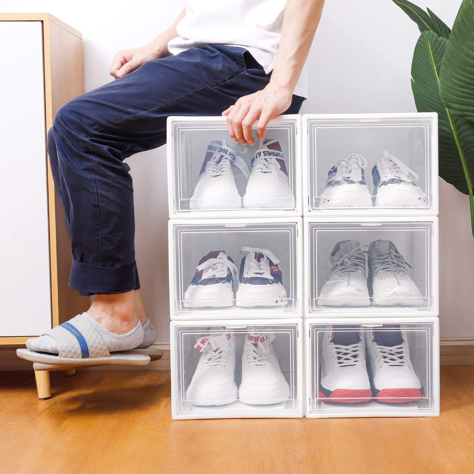 YORBAY Cajas de Zapatos apilable,Juego de 3, Transparente Ahorro de Espacio Rígida hasta la Talla 48 reutilizable