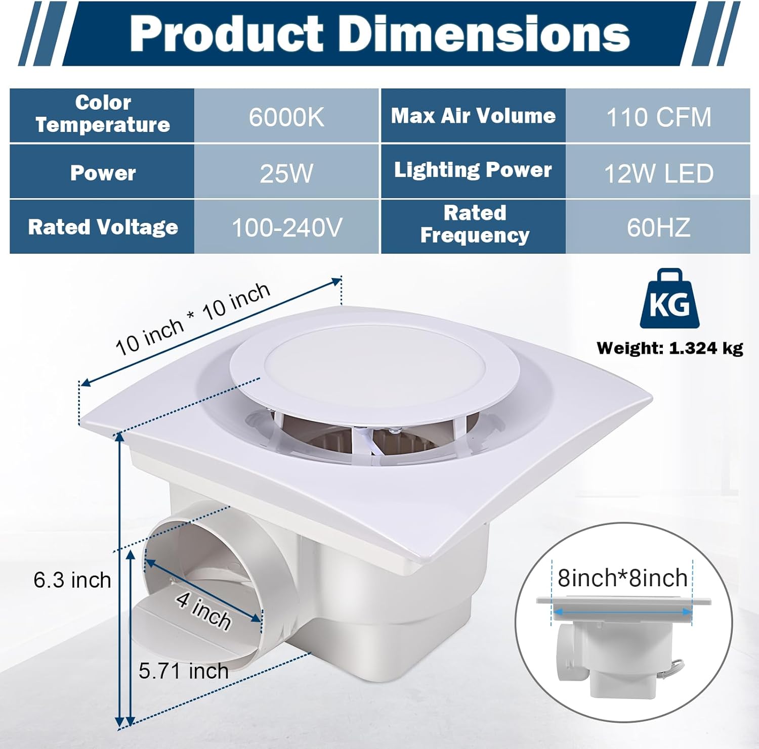 FEITON Bathroom Fan with Light Exhaust Fan Ceiling Mount Vent Fan Light Combo, 30W, 110V, 110 CFM 1.0 Sones, Square Quiet Ventilation Fan with LED Light