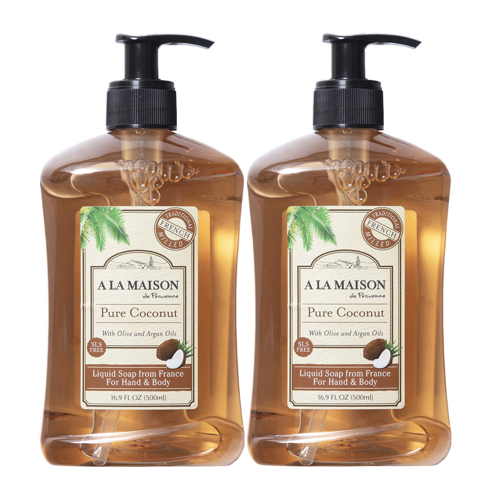 A LA MAISONde Provence Pure Coconut Liquid Hand and Body Soap (Pack of 2) With Argan Oil, Coconut Oil and Vitamin E, 16.9 fl. oz. Each