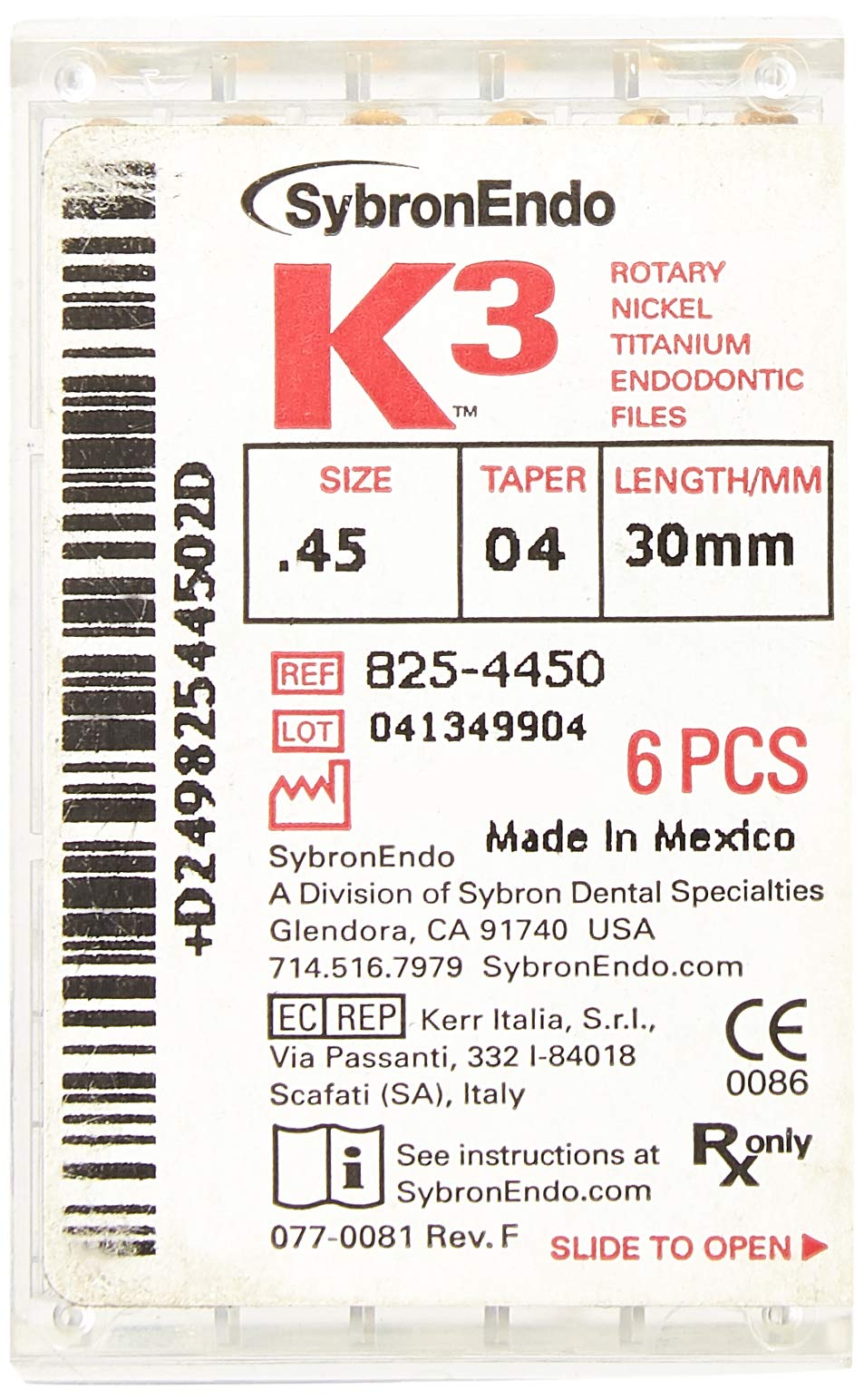 SybronEndo 825-4450 K3 NiTi Endo File, 0.04mm Taper, Green Taper, 45 Tip Size, White Tip Color, Nickel-Titanium, 30mm Length, Pack of 6