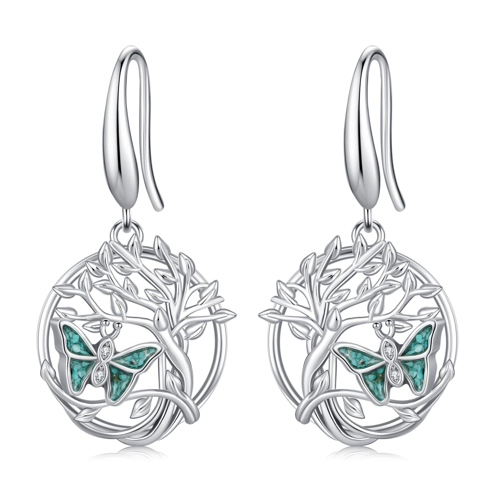Tree of Life Earrings 925 Sterling Silver Hypoallergenic Turquoise Tree Butterfly Dragonfly Dangle Drop Earrings for Women Tree Jewelry Gifts