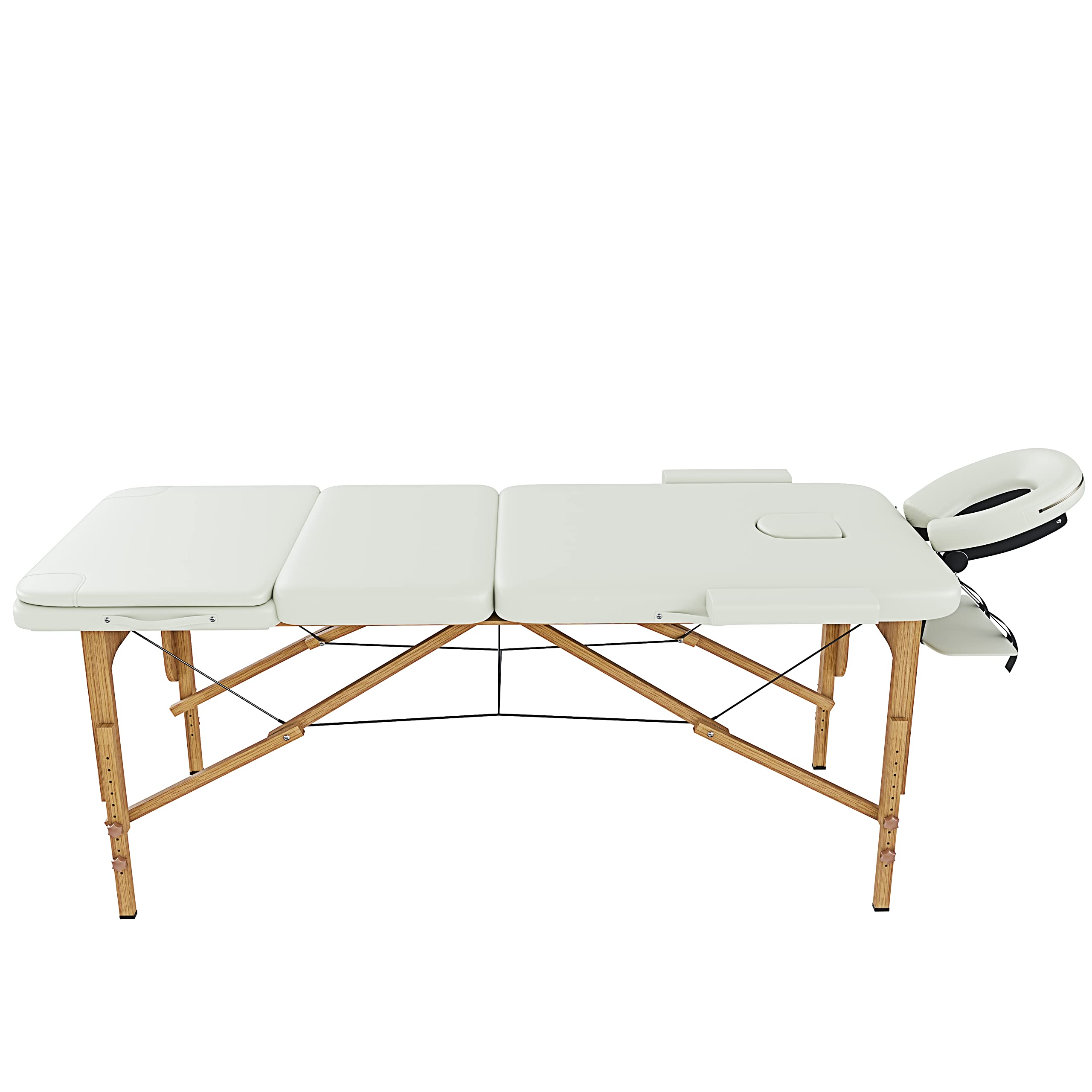 Lettino da Massaggio 3 Zone In Legno Pannello Reiki Angoli Arrotondati Rinforzati Pieghevole Portatile Fisioterapia Estetica Altezza Regolabile Poggiatesta Braccioli Staccabili 210 x 78 cm (Panna)