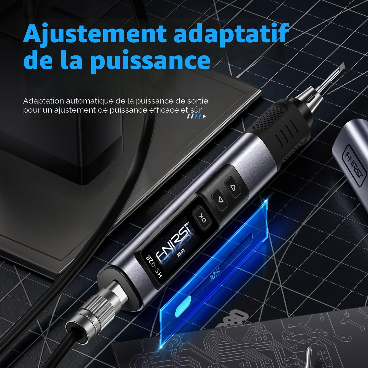 FNIRSI HS-02A Kit de fer à souder portable 100 W 100-450 ℃ 3 groupes de température préréglés, 3 pointes de soudure, outil numérique intelligent pour réparation de précision