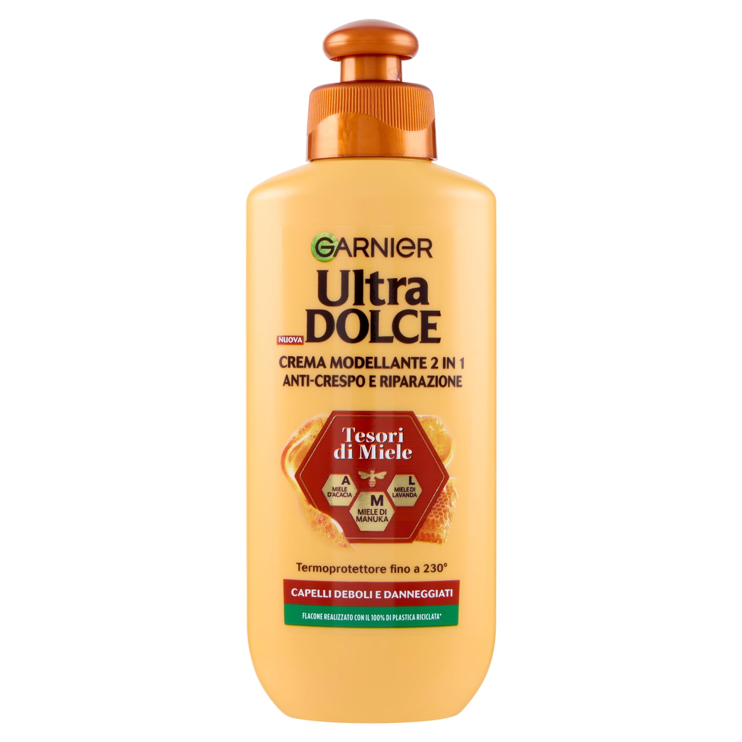 Garnier Crema Modellante 2 in 1, Anti-​Crespo e Riparazione, Per Capelli Deboli e Danneggiati, Termoprotettore Fino a 230°, Con Miele di Manuka, Acacia e Lavanda, Ultra Dolce Tesori di Miele, 200 ml