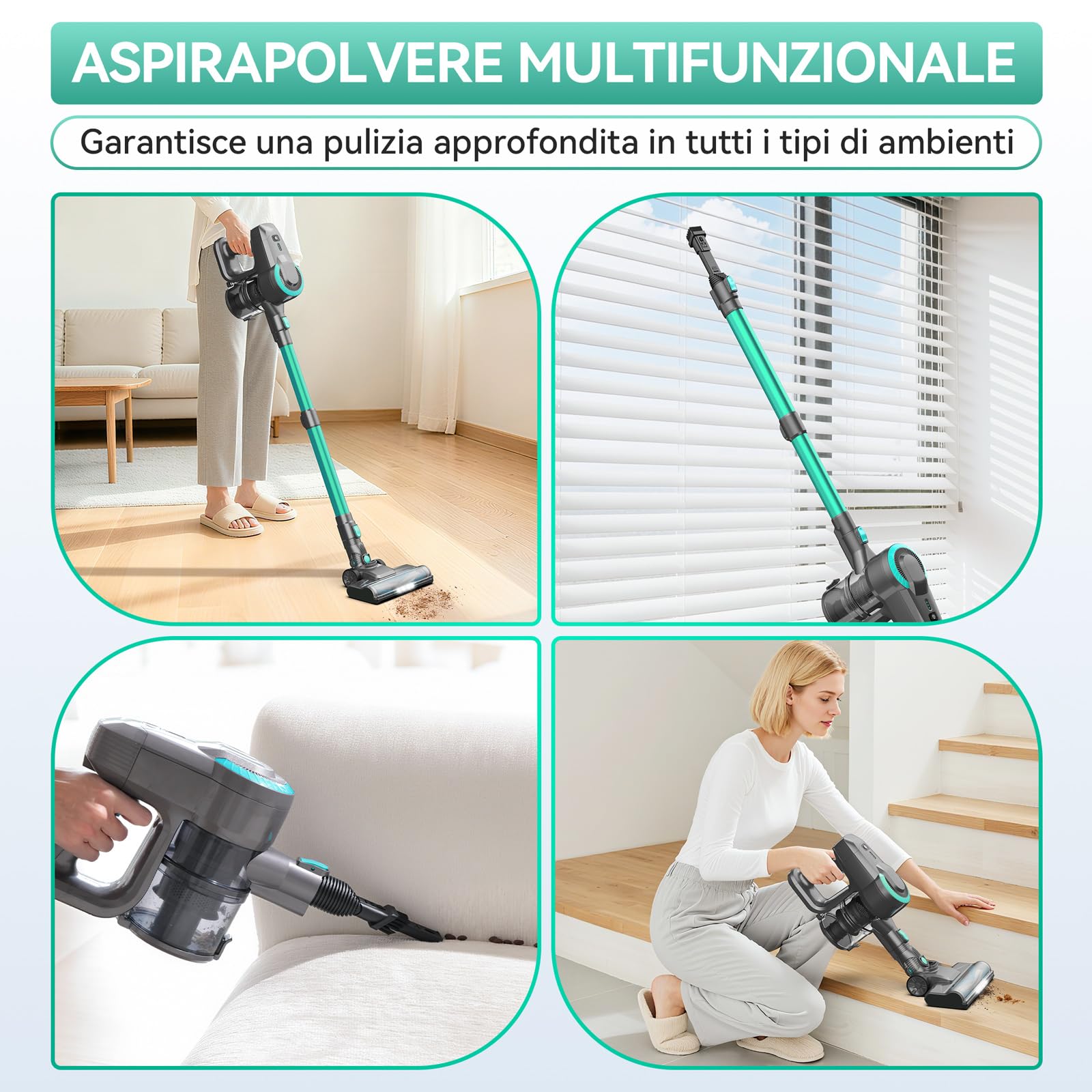 Aspirapolvere Senza Fili, Scopa Elettrica Senza Fili ultraleggero 6 in 1, 55 minuti di autonomia, Anti-Avvolgimento, Aspirapolvere potente per Pavimenti/Tappeti/Peli Animali