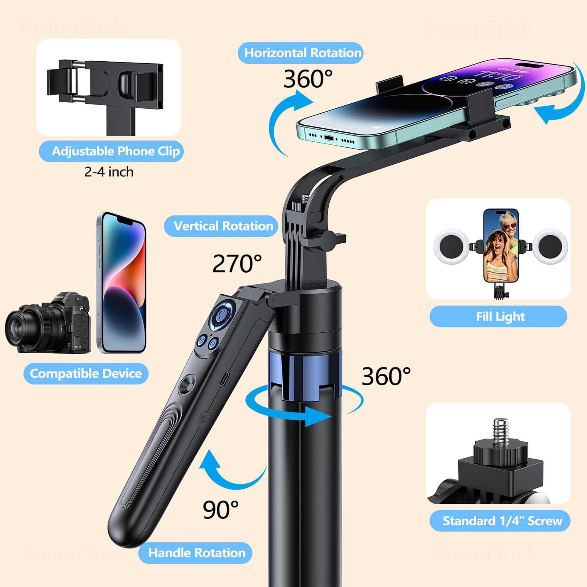 Smart Face Tracking Treppiede Selfie Stick con luce LED, rotazione a 360° 70 pollici Phone Camera Stand con telecomando Bluetooth, perfetto per registrazione video, trasmissione live e contenuti