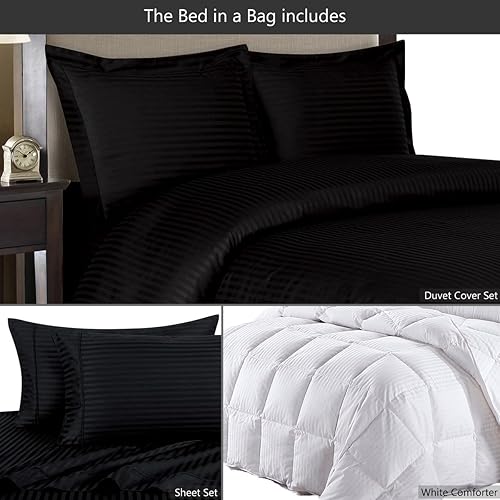 Miniatura 2 de El juego de edredón de 6 piezas de plumón de ganso a rayas tamaño individual XL incluye 300 hilos, 100% algodón (juego de funda de edredón + juego