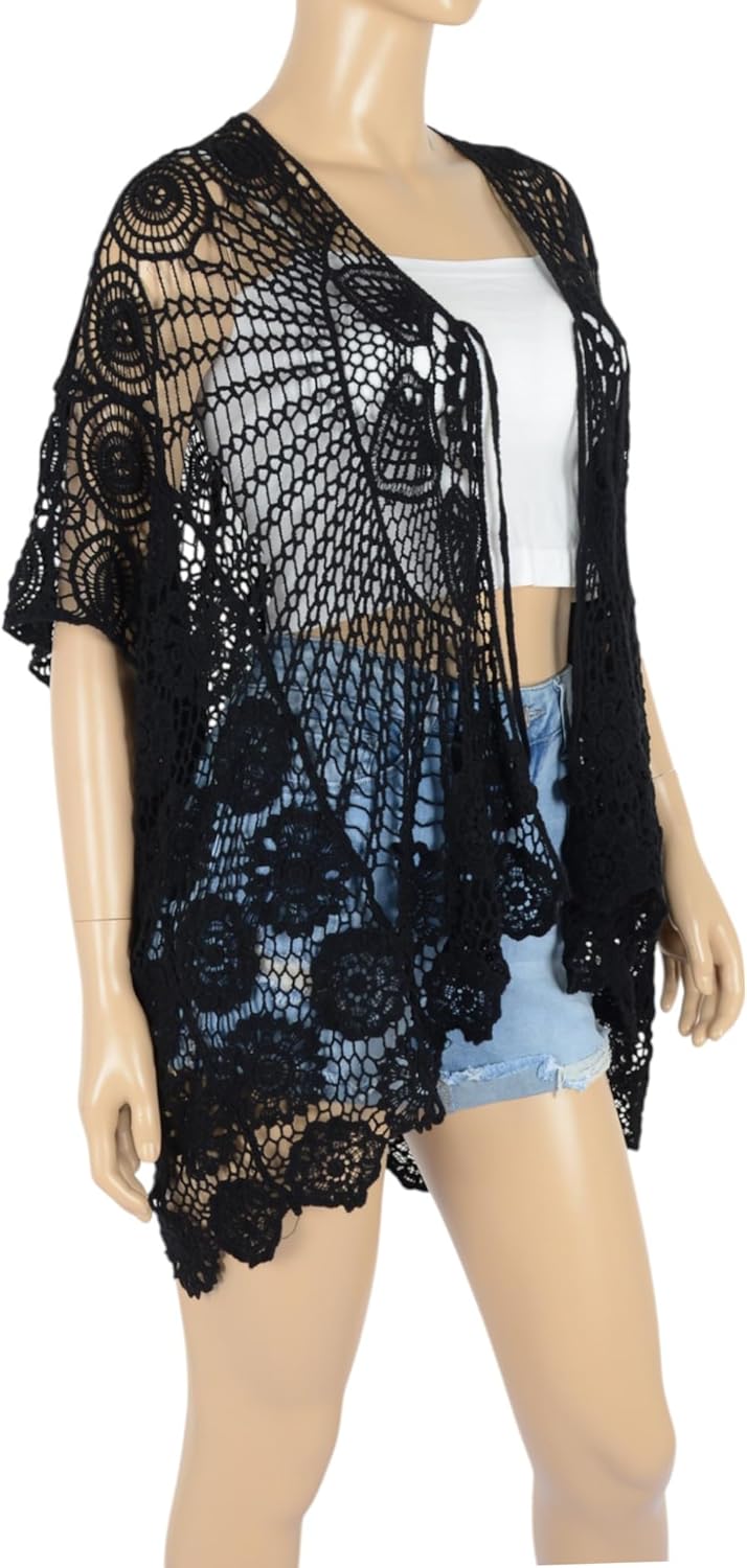 Anna-Kaci Crochet Lace Cardigan Kimono Top with Boho Floral Patterns for Beach, Vacation, or Casual Layering - Image 6