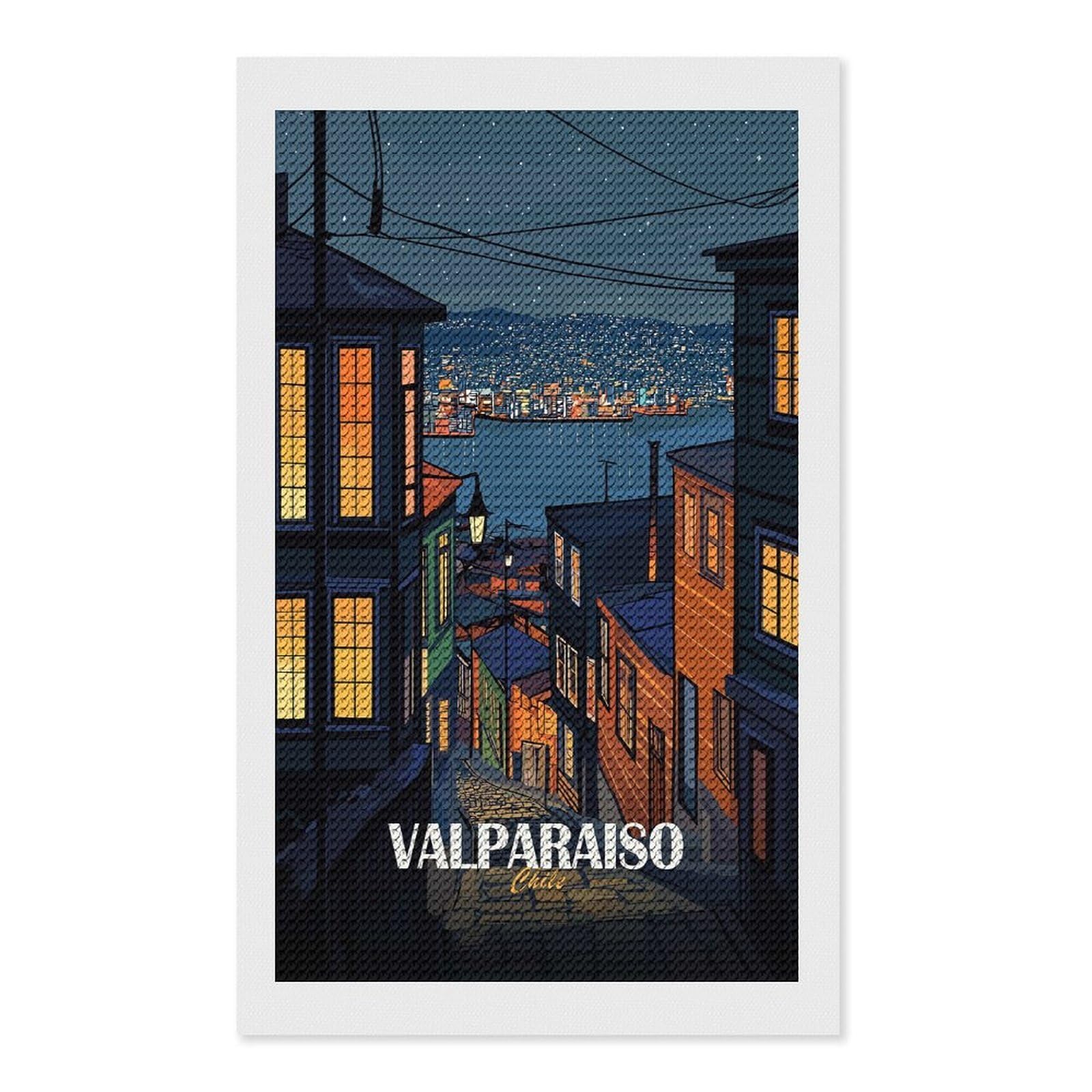 Junmoney Valparaiso Chile Night Cityscape Art Diamond Painting Set 12"x20", for Beginners, Modern Decor, Simple to Start, Gift Idea, Pleasing Wall Art Project