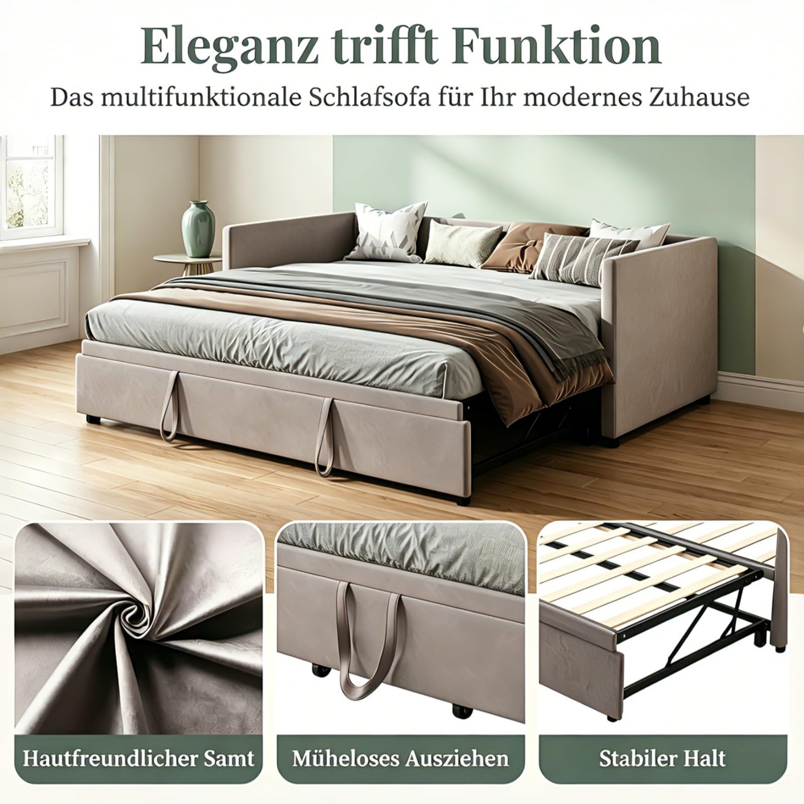 Schlafsofa 90/180 x 200 cm,Tagesbett Ausziehbar,Schlafsofa 200 cm Breit,Schlafcouch Ausziehbar,Schrankbett mit Sofa Polsterbett Doppelbett,Samt,ohne Matratze (Grau, 90/180 x 200 cm)