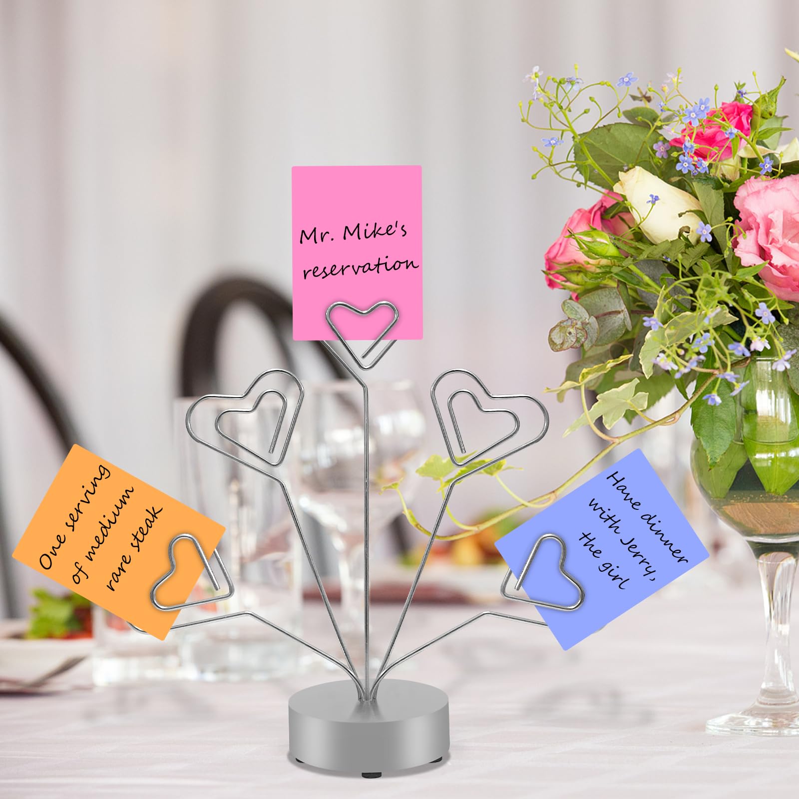 Desktop Heart-Shaped Photo Tree Style Holders Round Base,5-Branch Family Picture Frame Clips Holder Desk Card Display Stand for Christmas,Wedding, Birthday Party,Gift Silver