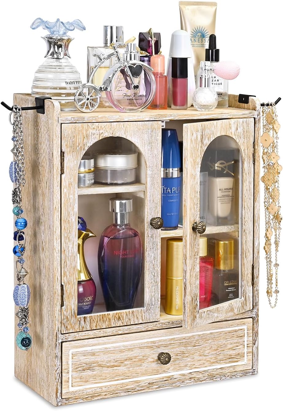 Ikee DesignWooden Countertop Storage Cabinet with Magnetic Door, Adjustable Shelves, Removable Hooks and Drawer for Perfume, Makeup, Pantry, Vintage White, 12.2 W x 6 D x 15.7 H in