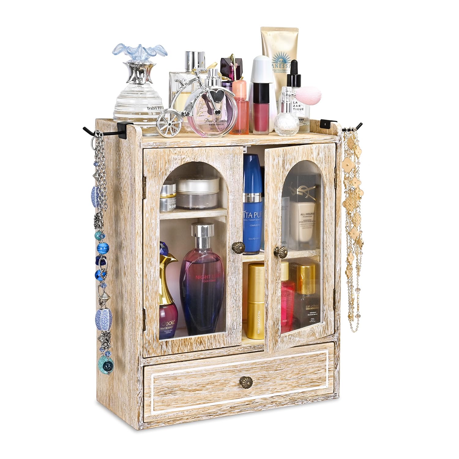 Ikee DesignWooden Countertop Storage Cabinet with Magnetic Door, Adjustable Shelves, Removable Hooks and Drawer for Perfume, Makeup, Pantry, Vintage White, 12.2 W x 6 D x 15.7 H in