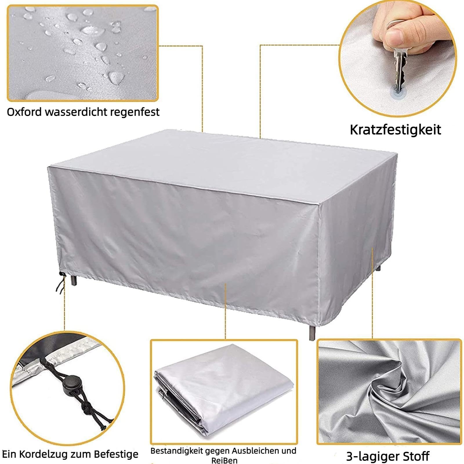Cubierta para muebles de jardín resistente al agua, 200 x 100 x 75 cm, color plata, para muebles de jardín, resistente al viento, resistente al invierno, antirayos UV 600D, tejido Oxford,
