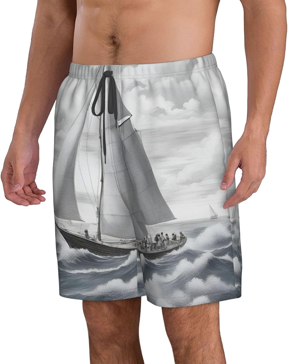 Mens Ocean Sailing Print Beach Shorts,Casual Summer Shorts for Men,Quick Dry Polyester