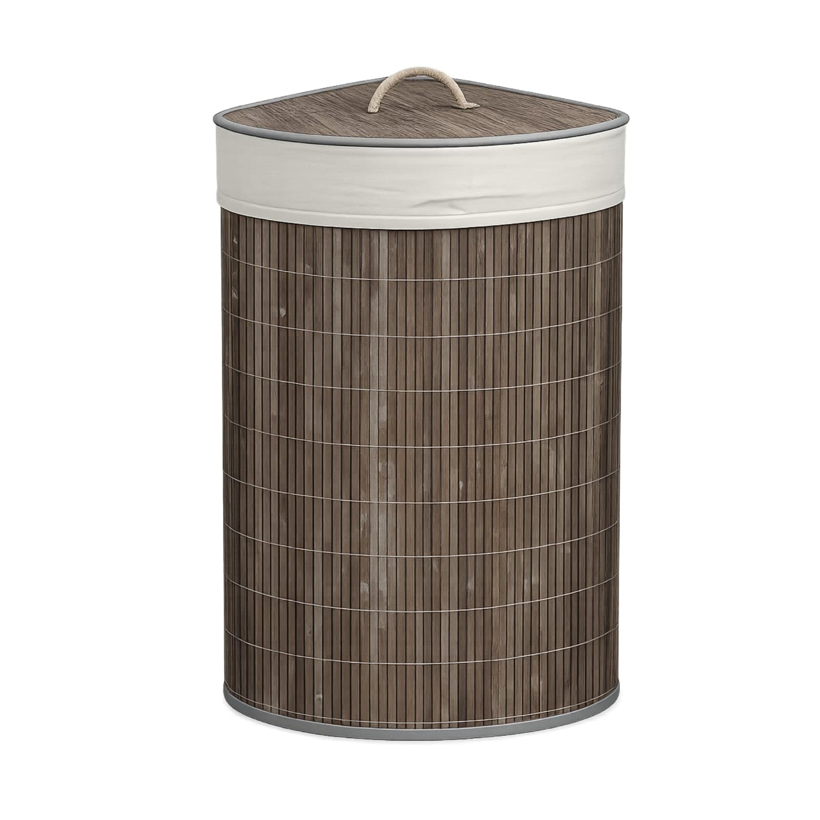 Corner Grey Bamboo Laundry Basket, Laundry Hamper with Removeable Washable Lining & Lid, Easy Assemble Folding Storage Bin Dirty Clothes Storage Bucket Cover Household Container Organiser