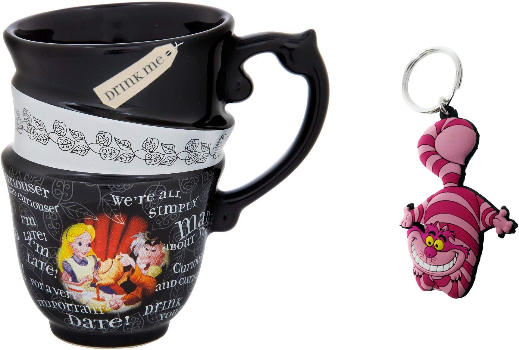 Alice in Wonderland Stacked Quotes Tea Cup Mug and Cheshire Keychain Set