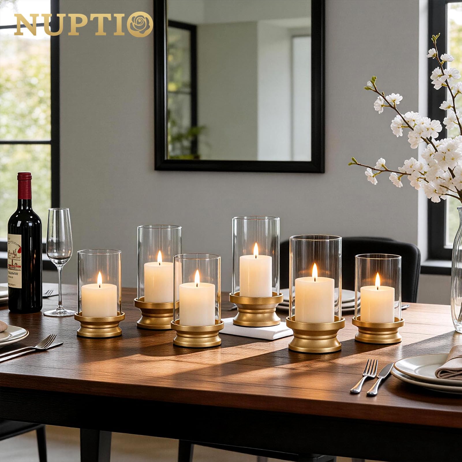 NUPTIO Portacandele A Uragano Oro: Set Di 2 Portacandele Candele A Colonna Con Manicotto In Vetro Trasparente Supporti Decorativi In Metallo Matrimonio Festa Di Natale Tavola Da Pranzo Centrotavola