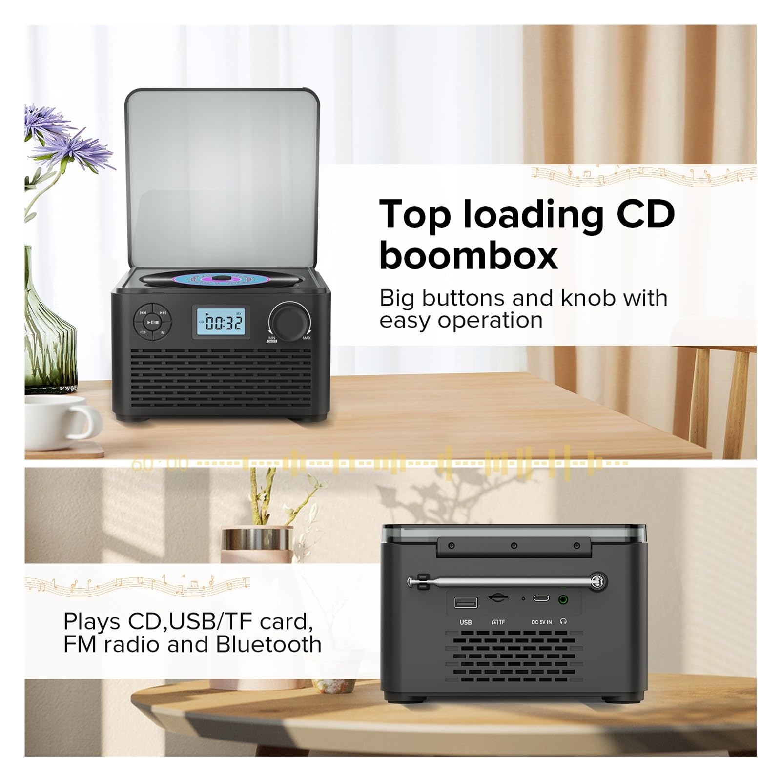 Lettore DVD, Lettore CD portatile con altoparlanti integrati - ricaricabile Bluetooth radio FM USB MP3
