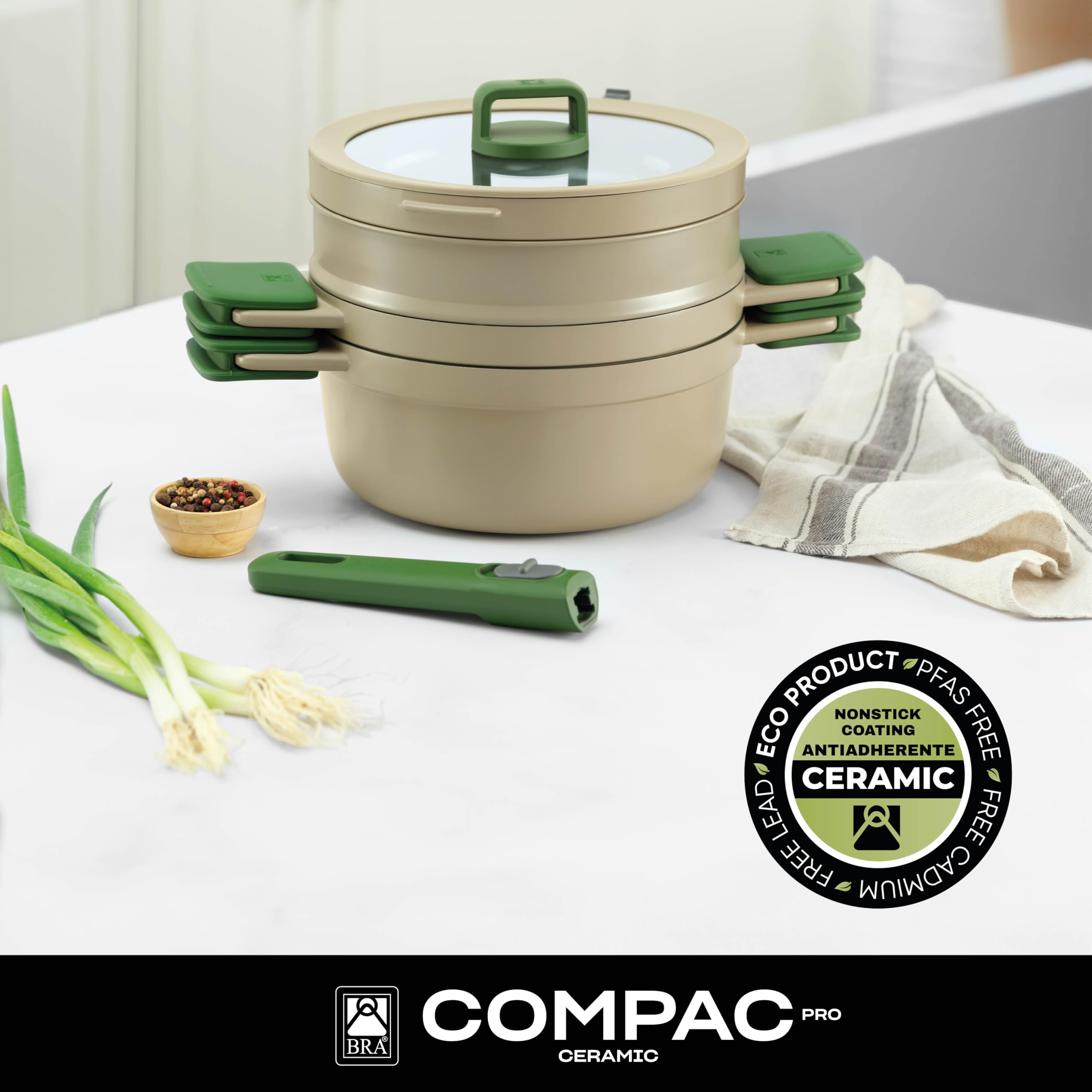 BRA Compac Pro Ceramic | Batterie de cuisine empilable 5 pièces | Tous Feux Dont Induction, Revêtement Antiadhésif Céramique