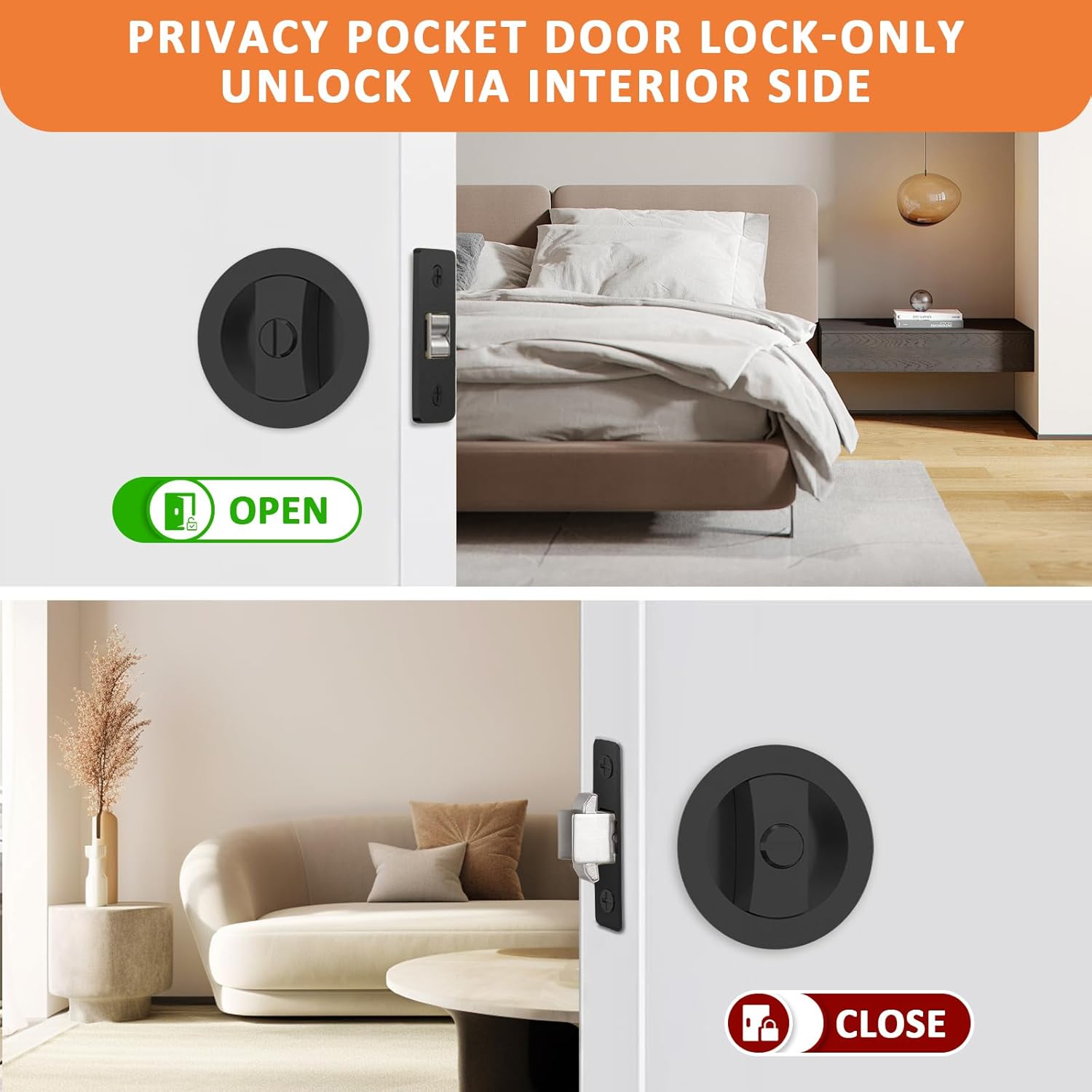 Black Pocket Door Hardware Round Pocket Door Lock Privacy Pocket Door Latch Pocket Door Handles for Bathroom Lock for Pocket Door, 2 Pack
