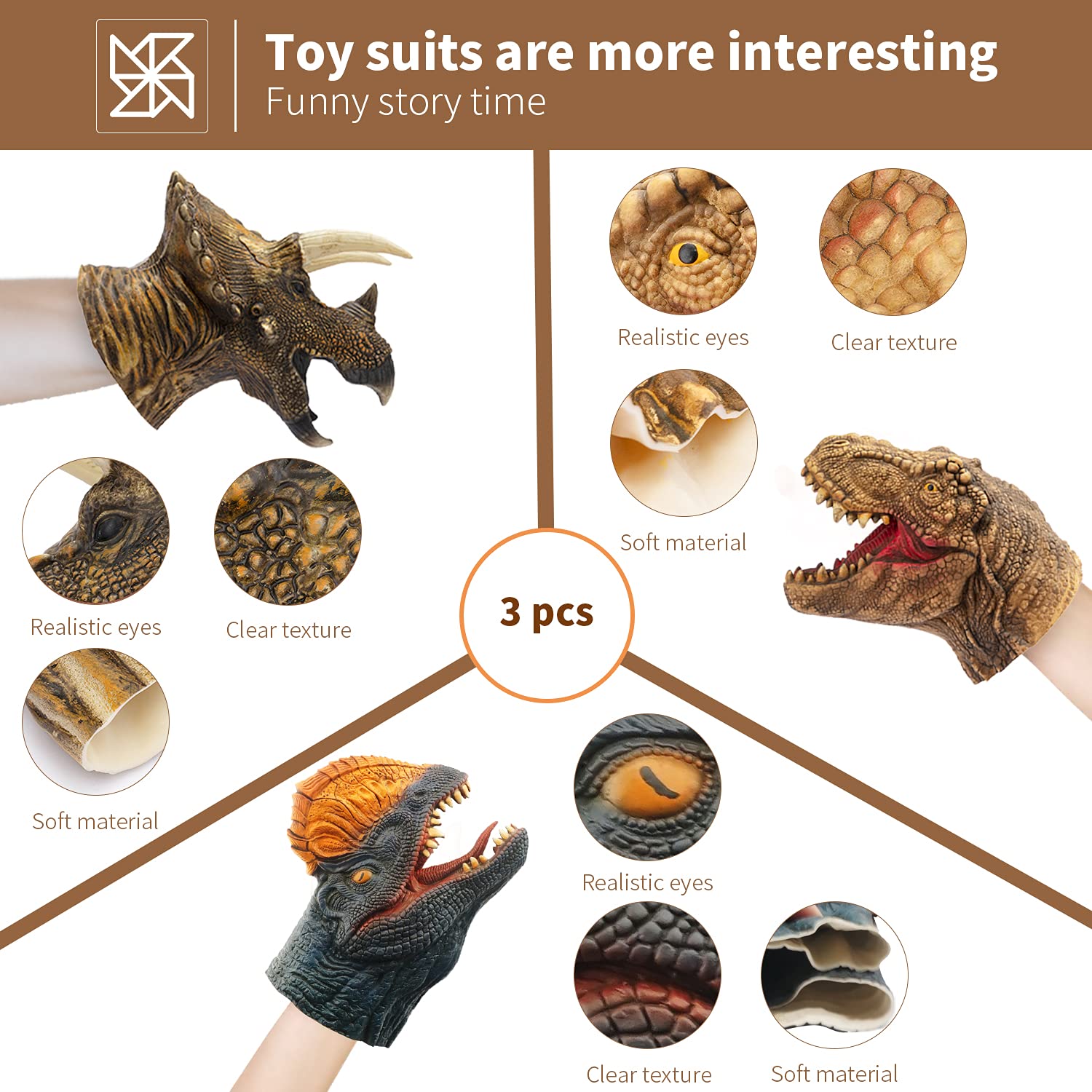 Giocattoli per Burattini a Mano, Gomma Morbida Realistico Testa di Dinosauro Tyrannosaurus Rex T-Rex Dilofosauro Triceratopo, Marionette Bambini Set di 3