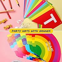 Vista 4 de Boao 20 sombreros de fiesta de cumpleaños arcoíris con pancarta de feliz cumpleaños, sombreros de cono coloridos para adultos y niños pequeños