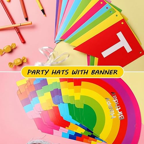 Miniatura 4 de Boao 20 sombreros de fiesta de cumpleaños arcoíris con pancarta de feliz cumpleaños, sombreros de cono coloridos para adultos y niños pequeños