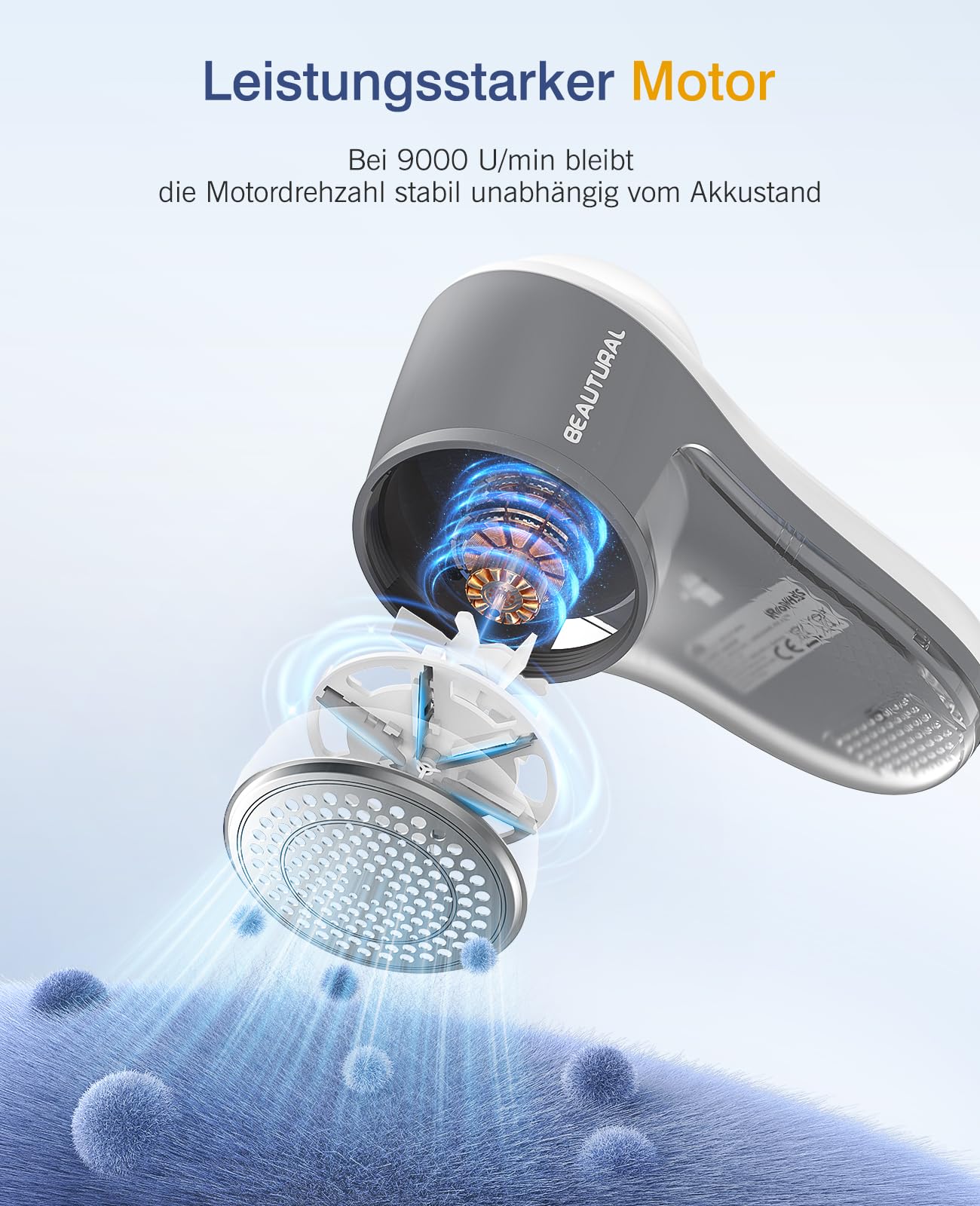 Der BEAUTURAL Lint Shaver mit seinem minimalistischen Grau-Weiß-Design und der robusten Edelstahlblende.