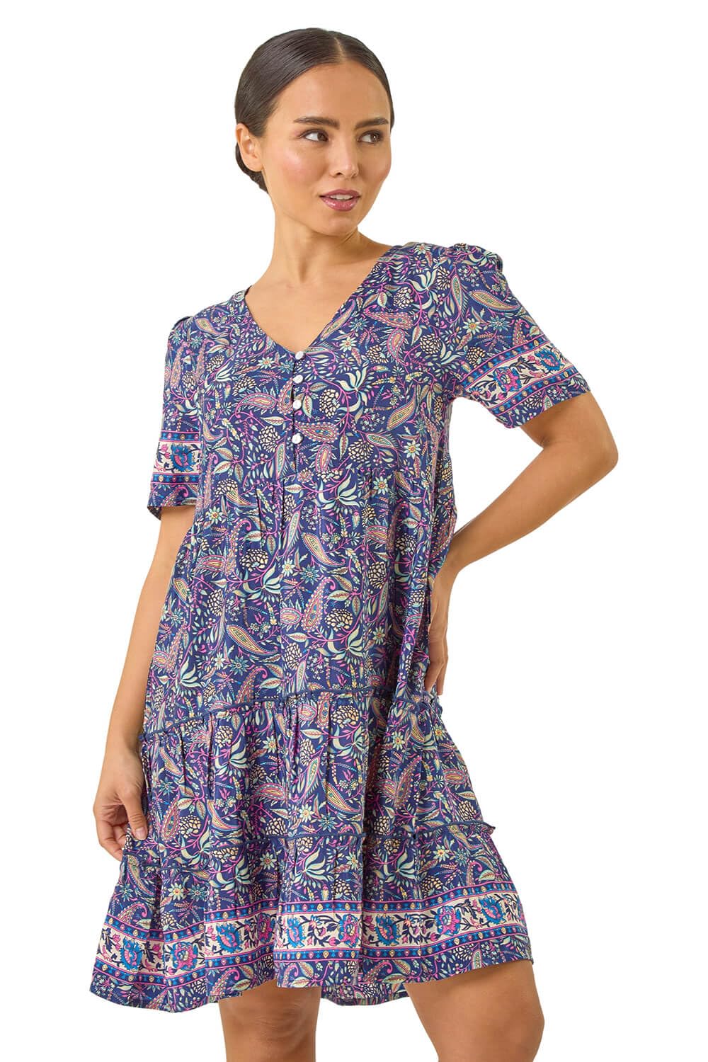Roman Petite Paisley Print Tiered Dress for Women UK - Ladies Everyday Holiday Spring Summer V-Neckline Comfy Soft Evening Vacation Work Party - Petite Navy - Size 14