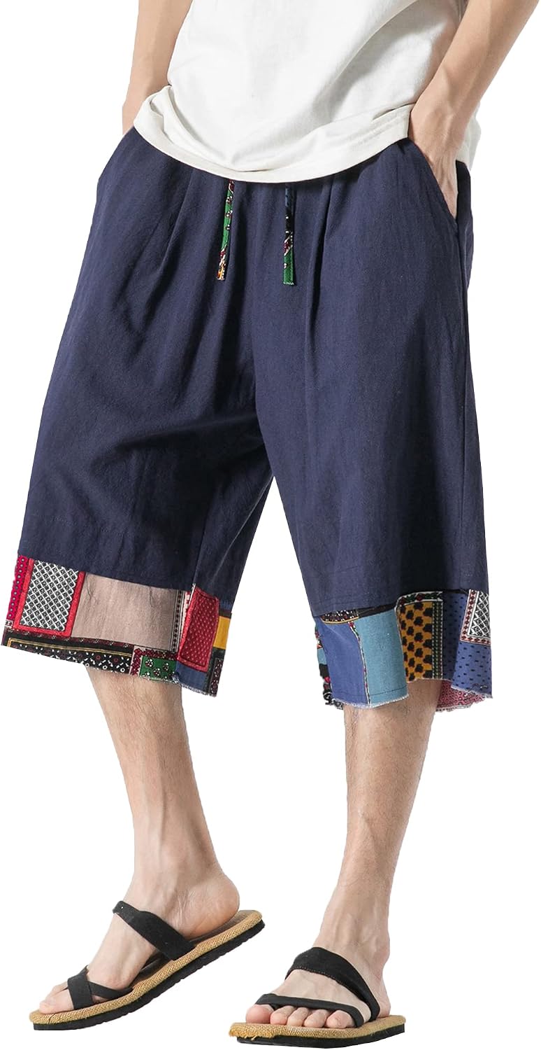 DOSLAVIDA Men's Linen Harem Capri Pants Loose Fit Yoga Beach Shorts Elastic Waist Wide Leg Baggy Cropped Trousers