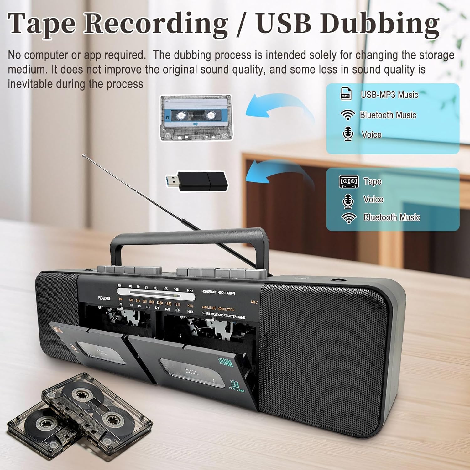 Retro Boombox with Dual Cassette Player, 7200mAh Battery, Bluetooth & 4-Band Radio (AM/FM/SW) – Convert Tape to MP3 via USB, Tape Recorder & Headphone Jack for Home & Outdoor