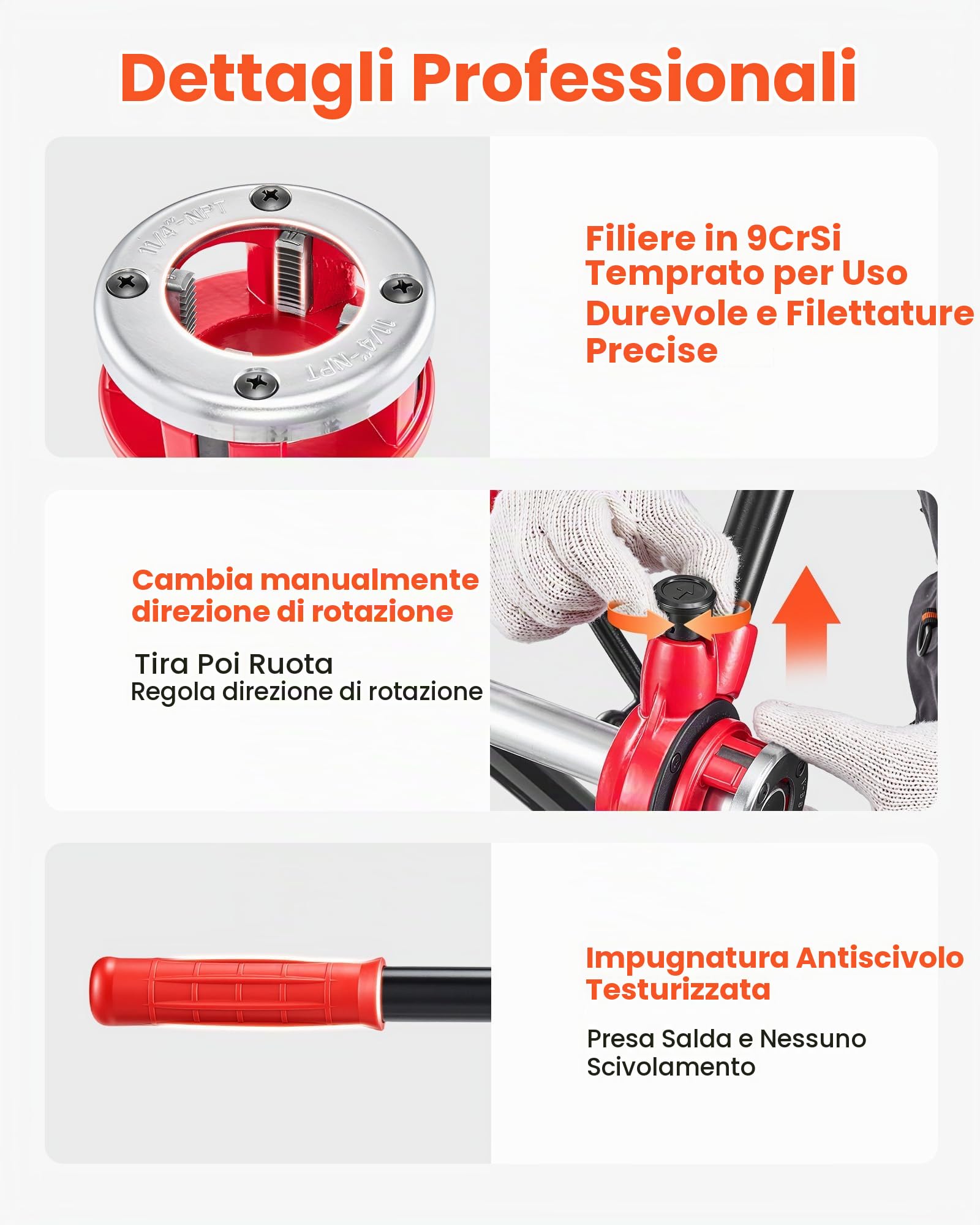 VEVOR Kit Filettatrice Manuale per Tubi a Cricchetto con 3 Filiere, 1/2", 3/4", 1" BSPT, Filettatrice Manuale per Tubi, Impugnatura Comoda, con Valigetta per Installazione e Riparazione Idraulica