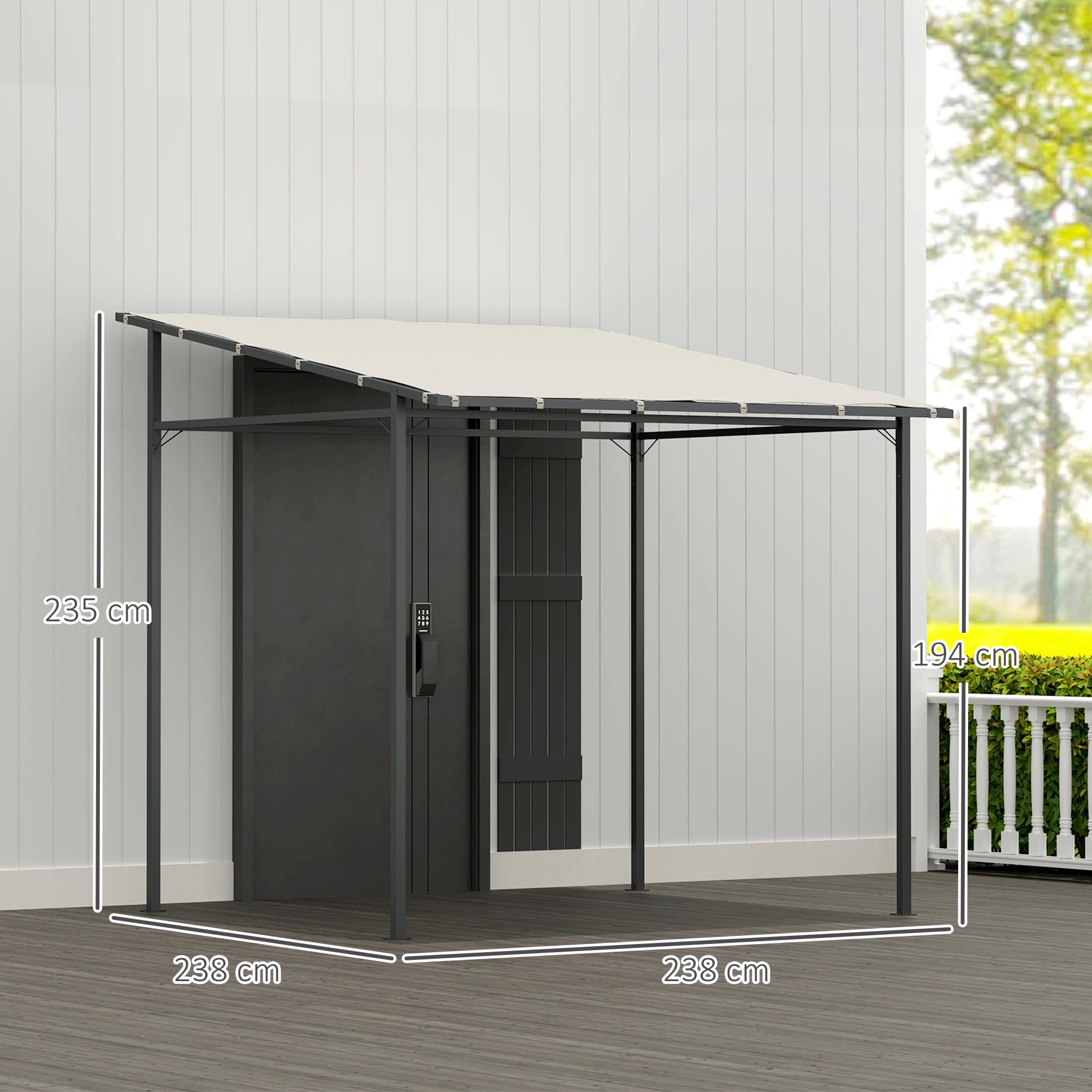 Outsunny Pérgola de Pared 2,4x2,4 m Cenador de Jardín Protección UV 30+ con Techo Inclinado Impermeable y Marco de Metal para Terraza Patio Balcón Crema