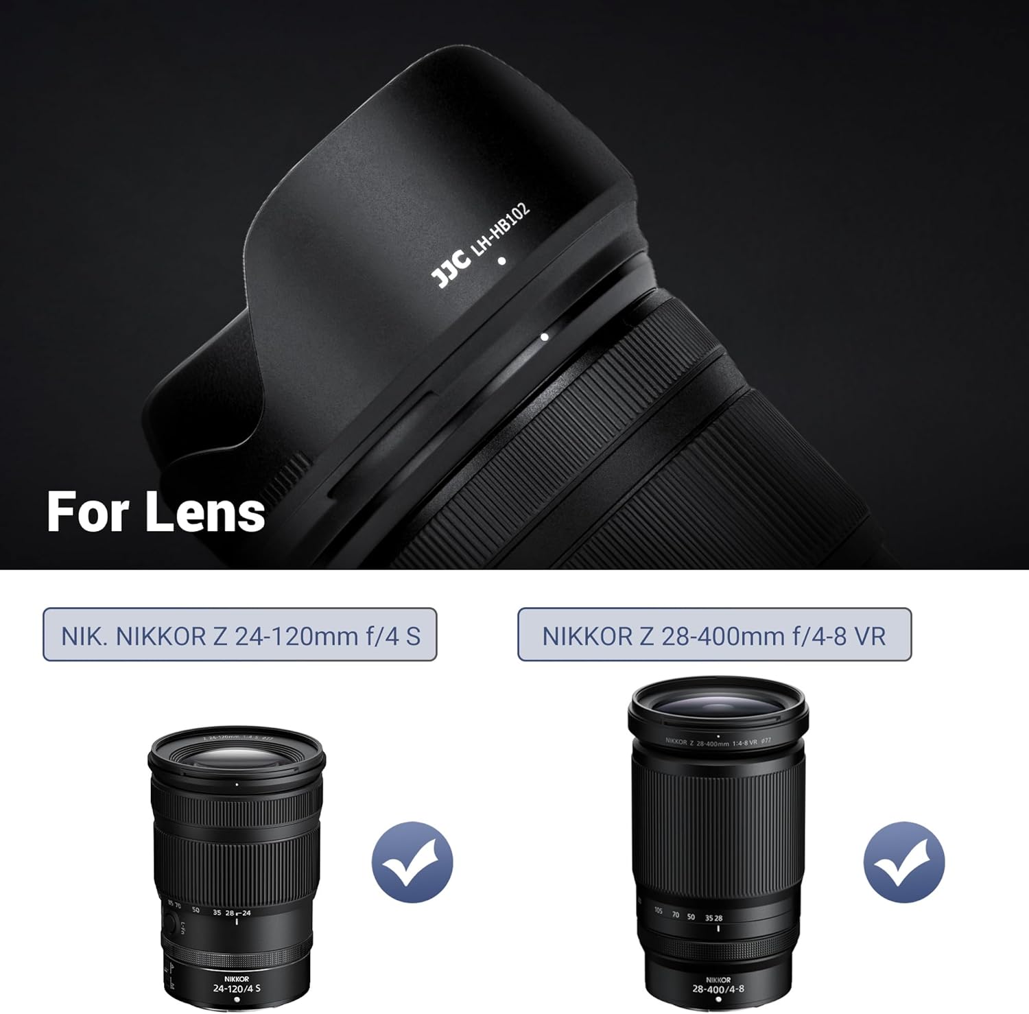 Step-by-step installation of the JJC HB-102 lens hood onto a Nikon Nikkor Z lens, showing filter and lens cap attachment.