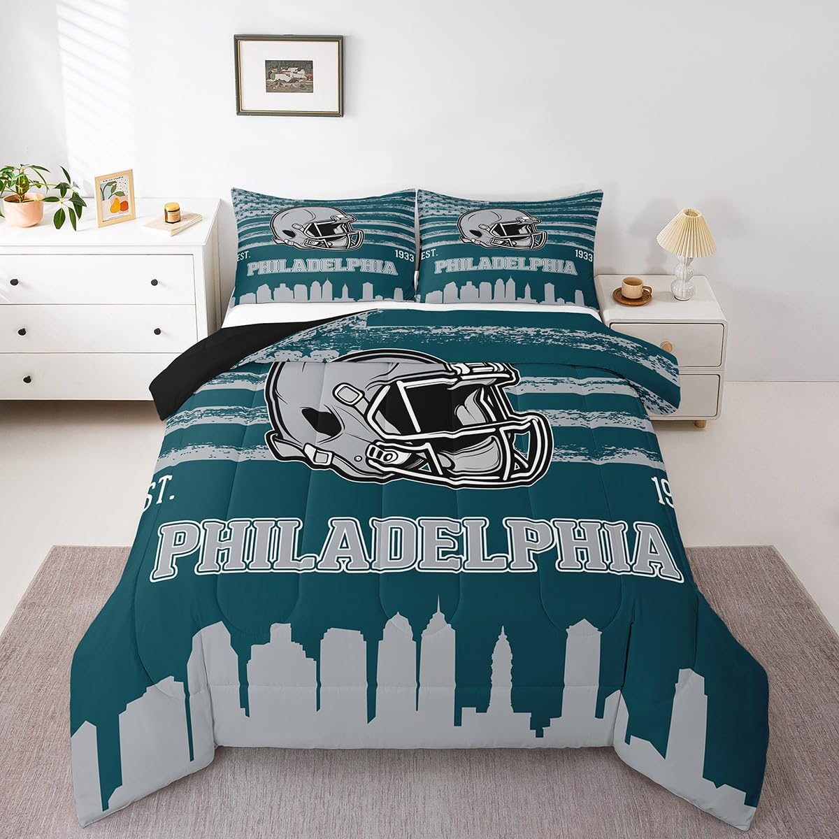 Erosebridal Football Sports Helmet Comforter Set for Boys Teens Youth Retro Sport Flag Bedding, Grey and Turquoise Football Seasonal Color Duvet
