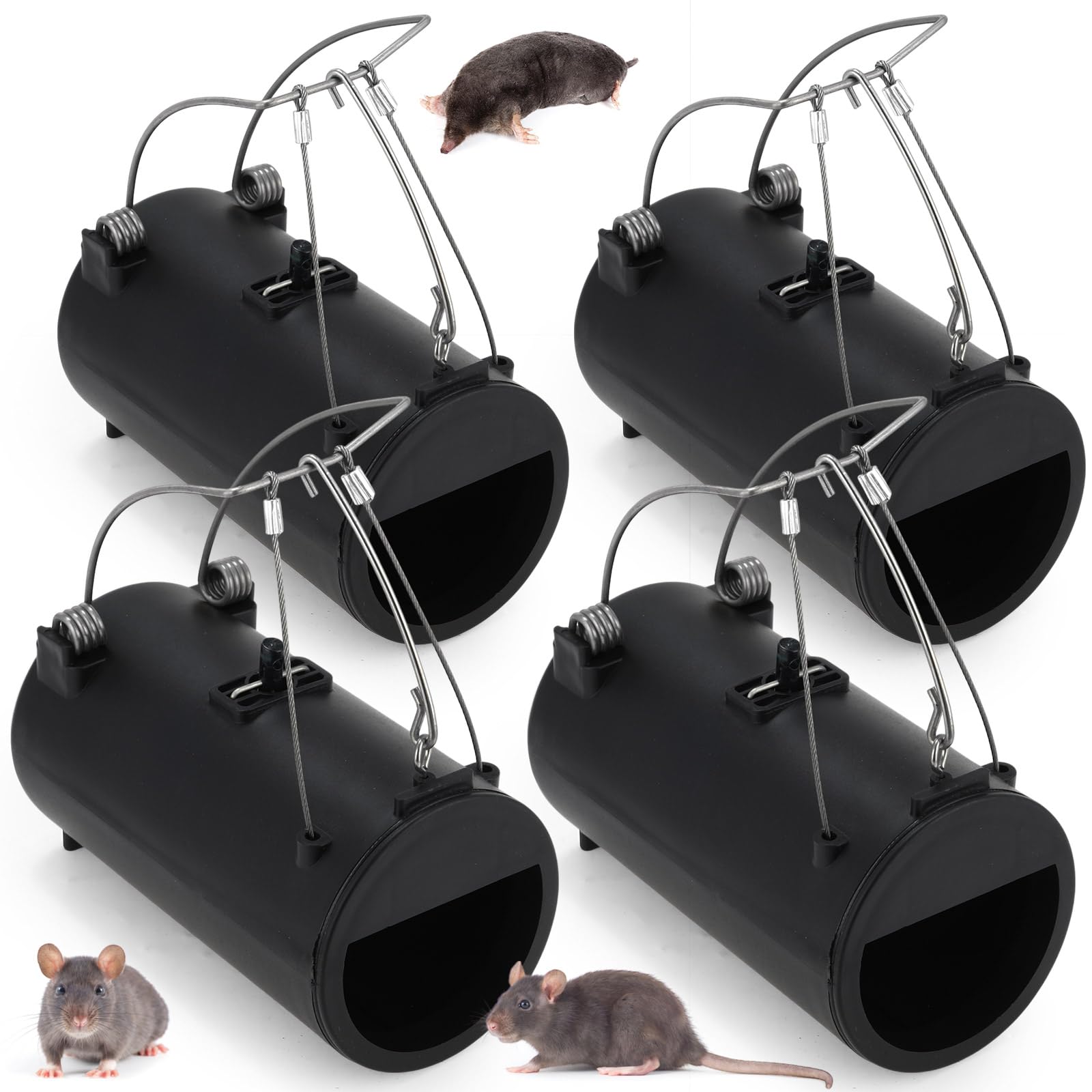 Photo 1 of Qualirey 4 Pack Black Hole Gopher Trap 6.7 Inch Tunnel Mole Traps Gopher Killer Outdoor Vole Traps Rodent Rat Stations Reusable for Lawn Yard Garden
