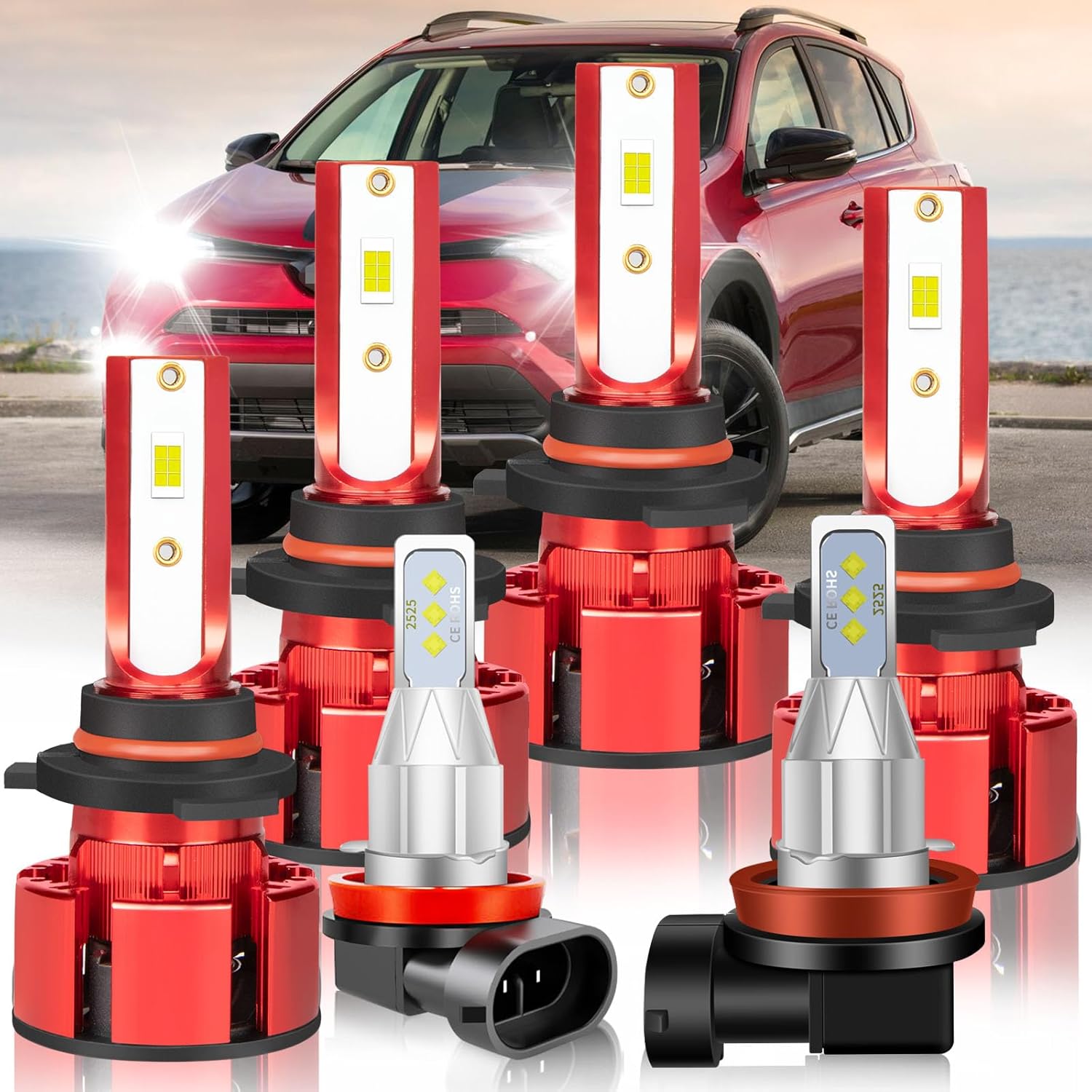 For Toyota RAV4 2013 2014 2015 Light Bulbs, 800% Brightness Hi and Lo Beam+Fog Light Bulbs, Superfocused Beam Mode, 6500K White, 36000LM Super Bright, IP68 Waterproof, 6PCS