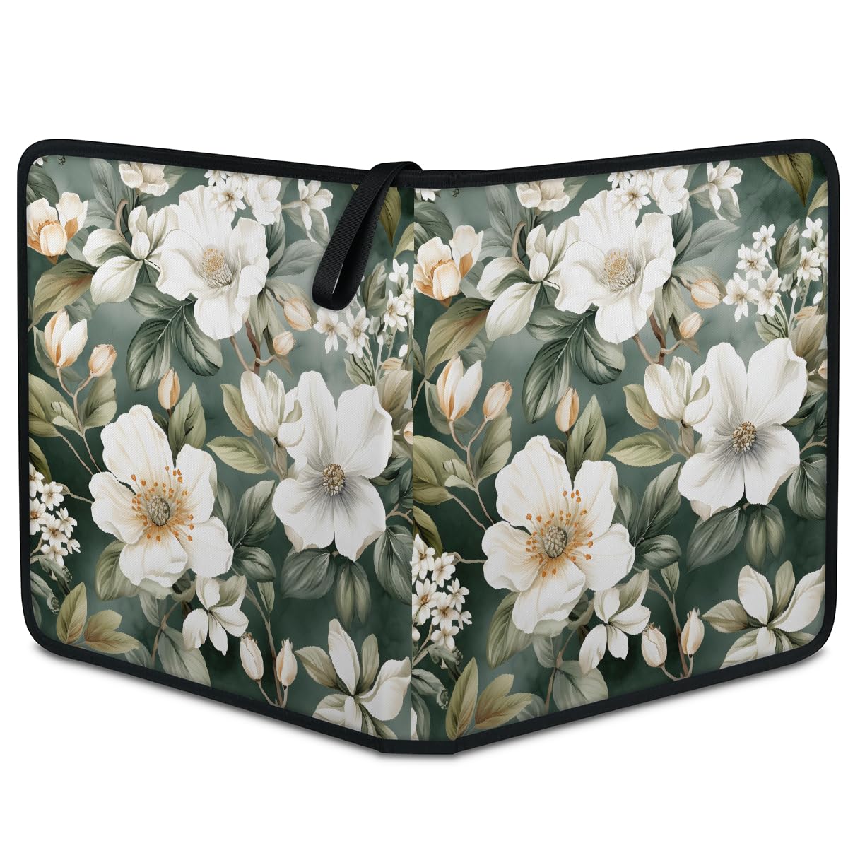 Carpeta de tarjetas coleccionables con 4 bolsillos, hojas de flores blancas pintadas, álbum de tarjetas con fundas extraíbles, libro de tarjetas impermeable con cremallera, capacidad para 50 páginas y