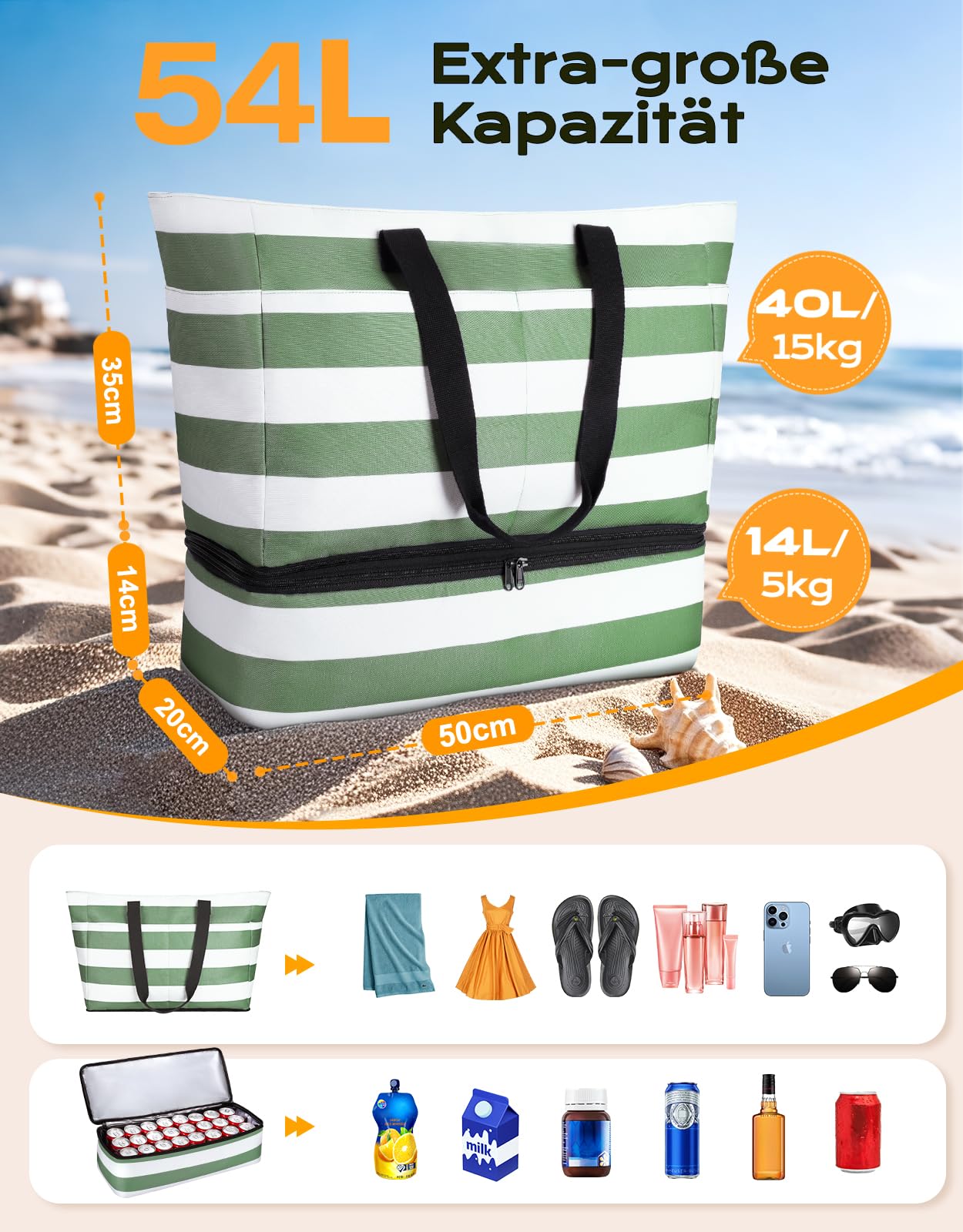 CIRYCASE Strandtasche XXL Familie mit Kühlfach, 54L Große Badetasche