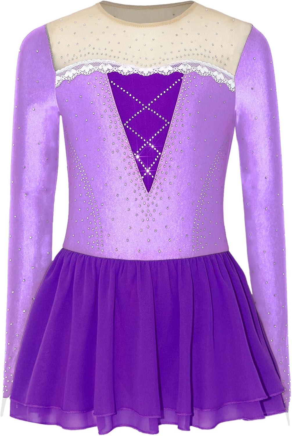 Shinsto Girls Sparkly Skating Dress Tulle Skirted Dance Leotard Dancewear for Stage Performance School Shows