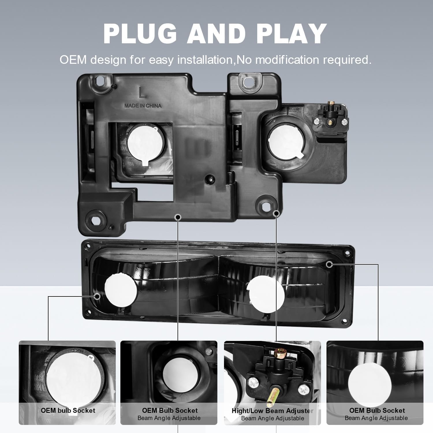 MOSTPLUS Headlights Assembly Compatible for Chevy C/K 1500 2500 3500 1988-1993/Compatible for Chevy C/K 1500 2500 Suburban 1992-1993 Front Lamps with Black Housing/Clear Lens/Amber Reflector