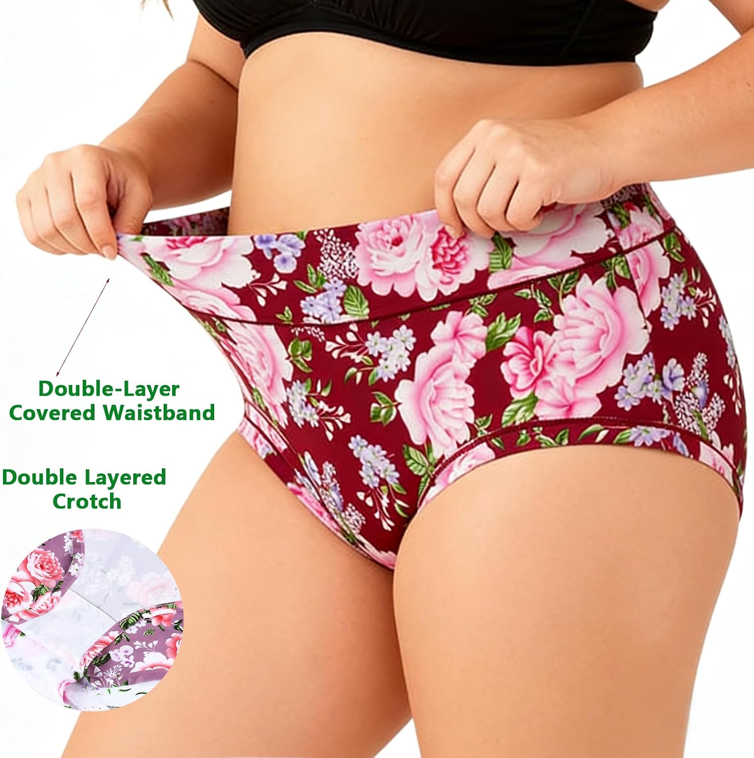 Womens Underwear Plus Size Panties XL-5XL 7 Pack Ladies Briefs Mid High Waist Floral Underwear Undies