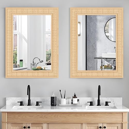 Miniatura 8 de FUWU HOME Espejo de pared de ratán con marco de madera de 24 x 32 pulgadas, espejo rectangular de madera para baño decorativo moderno, sala de
