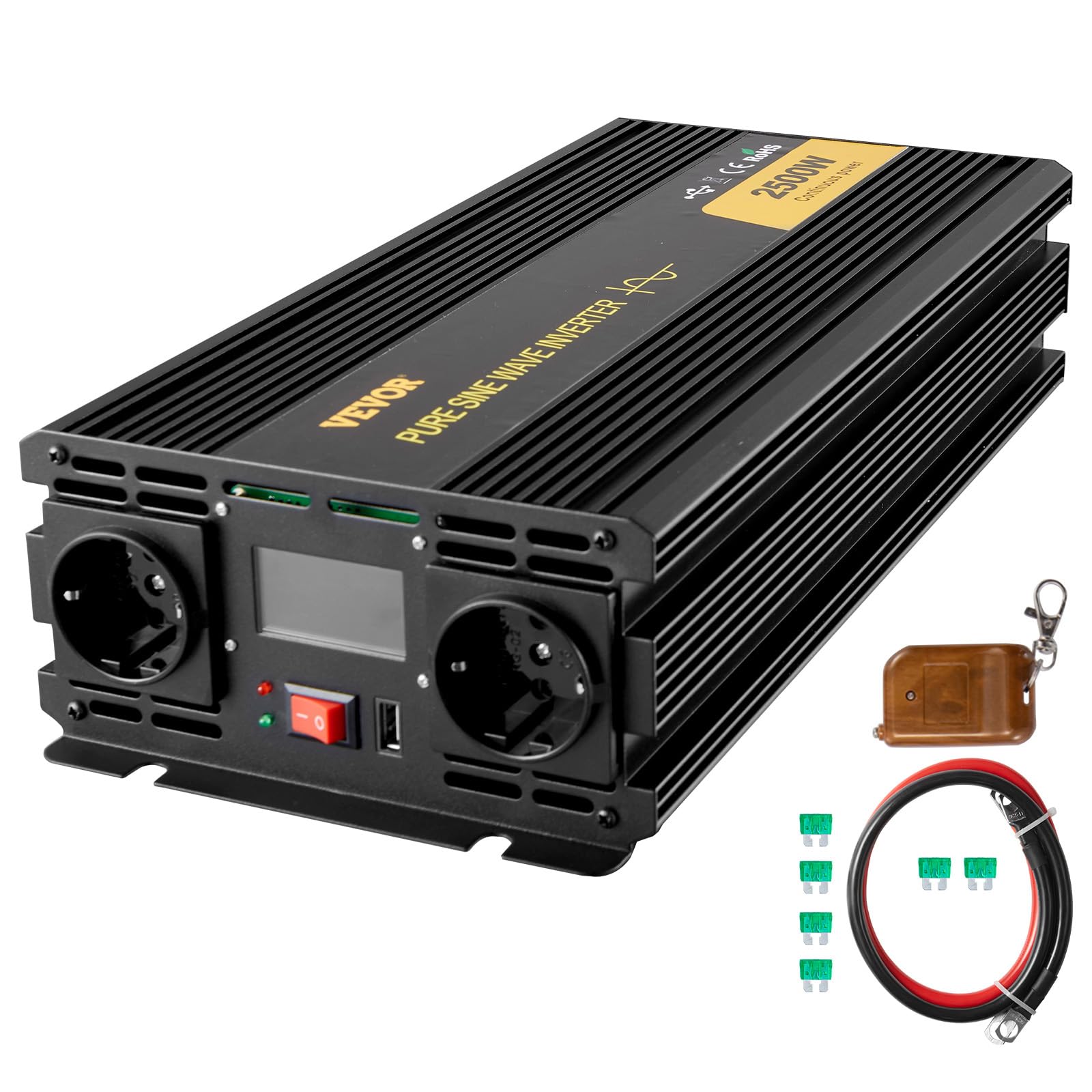 VEVOR 230V Spannungswandler Wechselrichter, 2500W Reiner Sinuswellen Wechselrichter, GYS-2500W 12V DC Pure Sine Wave Power, Reiner Sinus-Wechselrichter Fernbedienung mit Kabel LCD Bildschirm