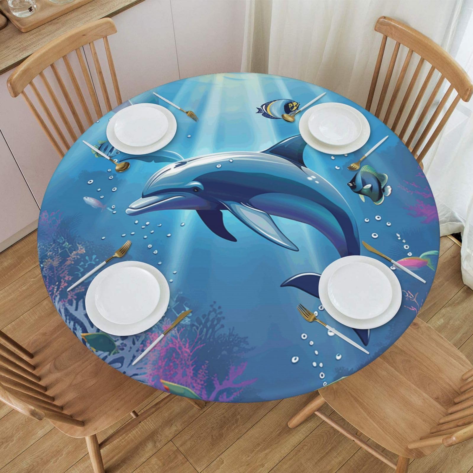 Nappe ronde ajustée élastique Mexpekil taille S pour table de 101,6 cm motif dauphins