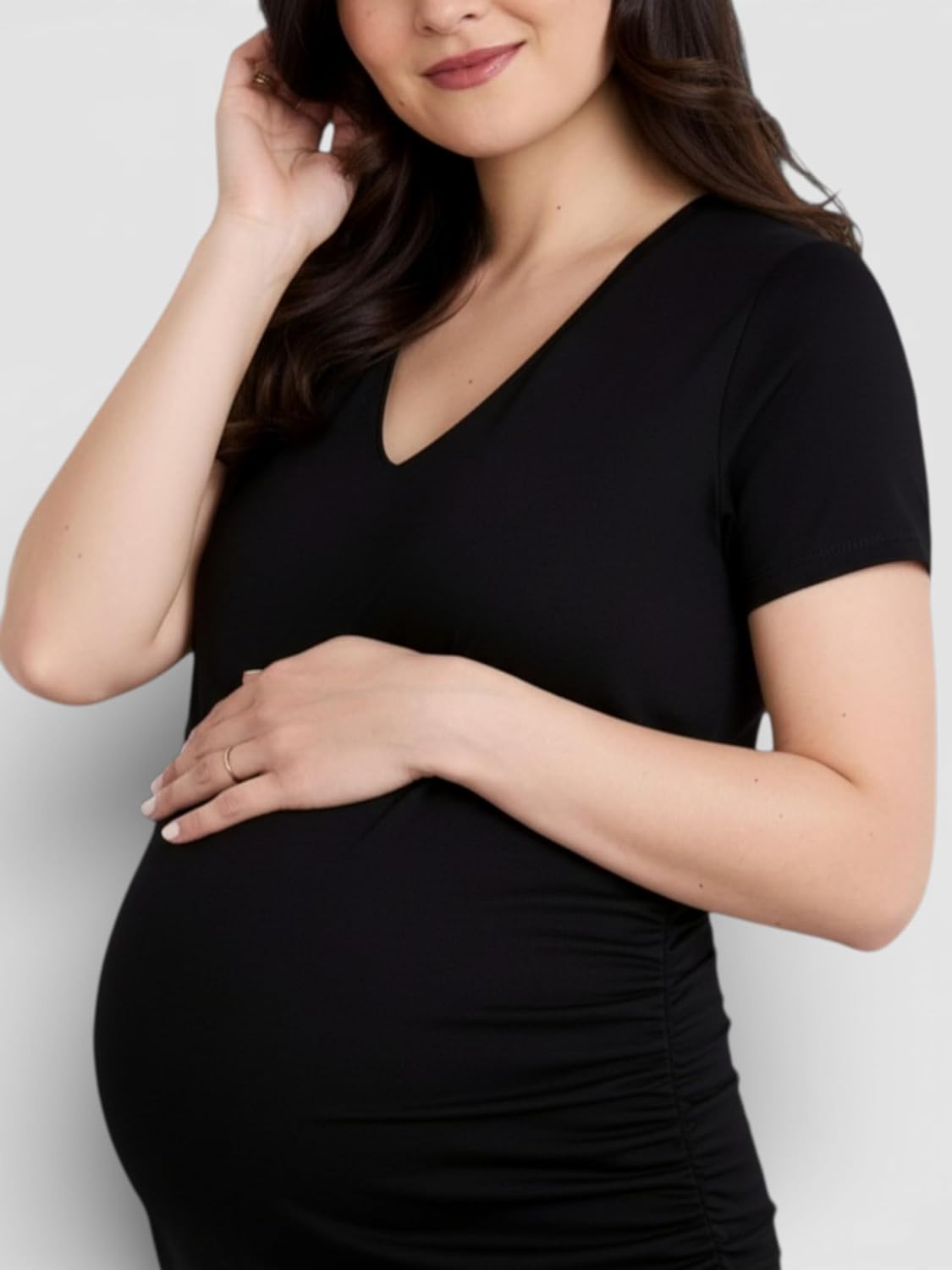 Motherhood Maternity Women's V-Neck Short Sleeve Side Ruched Bodycon Mini Pregnancy Dress