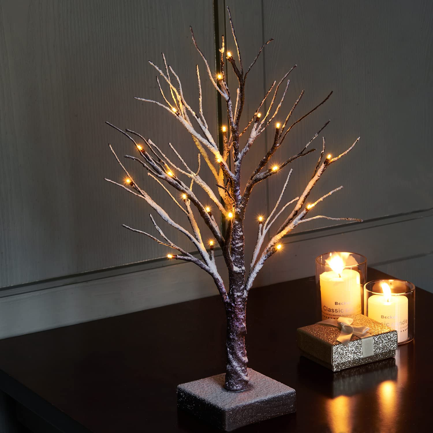 Fudios Lighted Snow Dusted Christmas Tree with Timer Battery Operated 18in Home Decor, Pre lit Artificial Tabletop Snowy Trees with 24 LED for Winter Party
